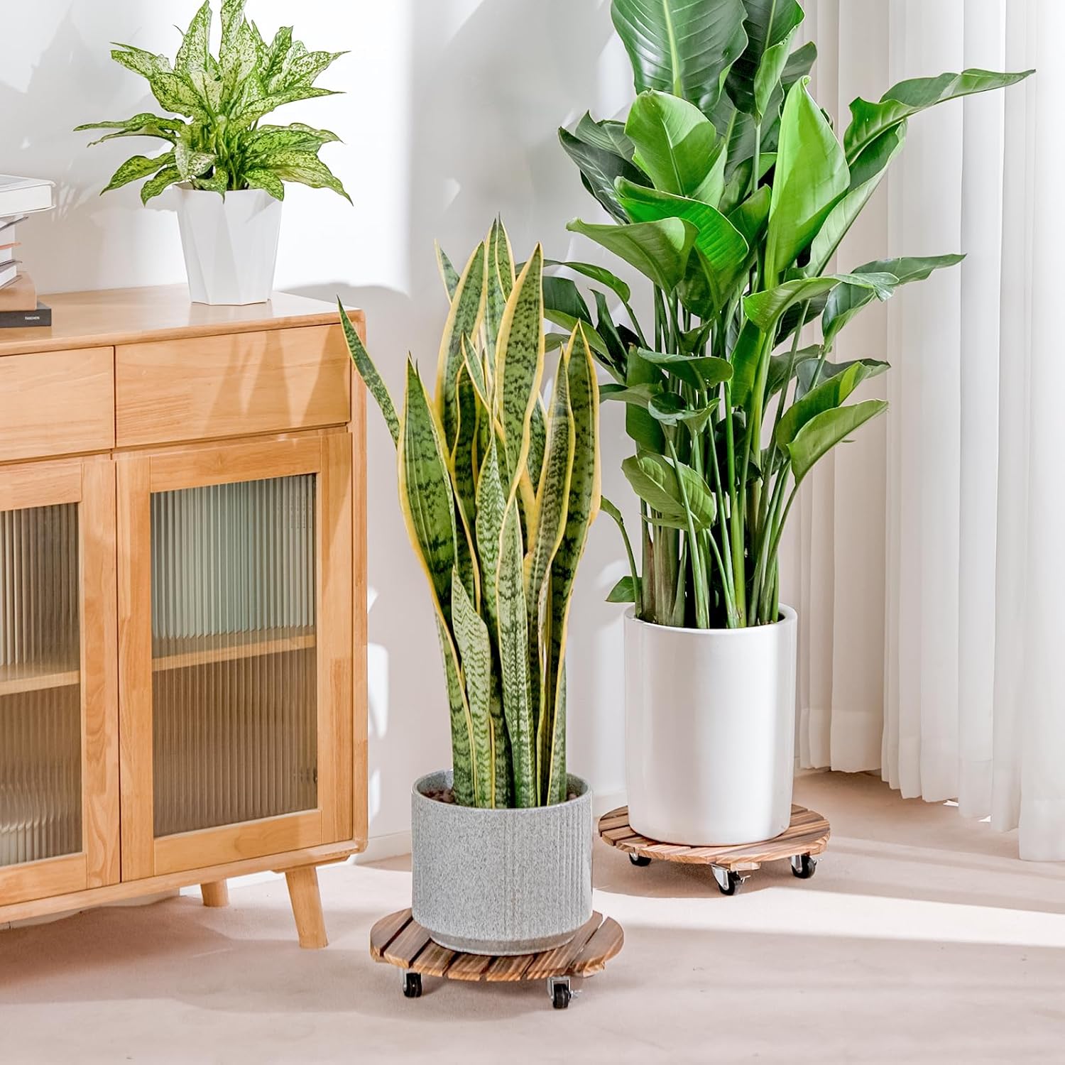 Detalle de Bamworld Porta Piante da Interno con Ruote – Set di 2 Basi Rotonde in Legno per Vasi Grandi