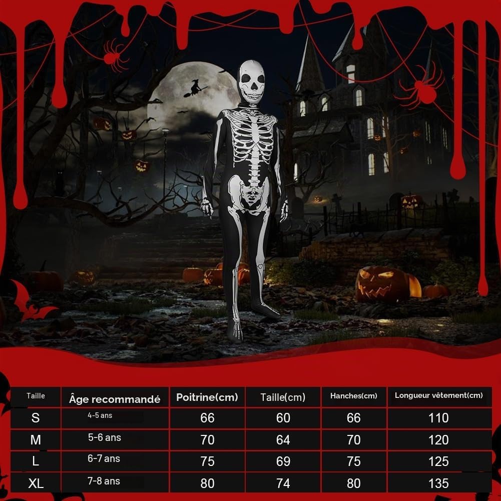 Detalle 2 de AOOWU skeletkostuum voor kinderen met stretchoverall en gezichtsmasker