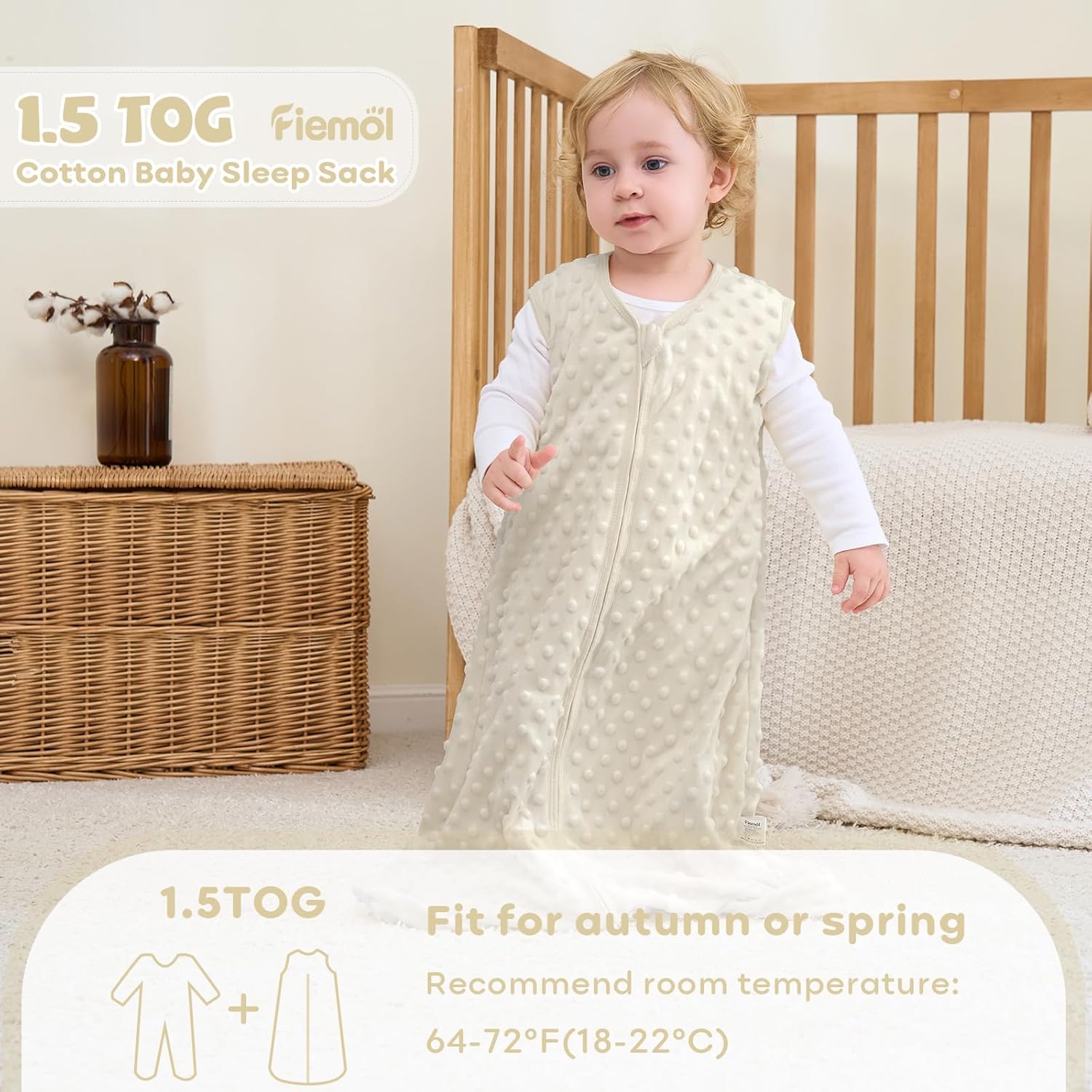 Thumbnail 4 de FIEMOL Schlafsack Baby 12-18 Monate, 1.5 Tog – Baumwolle innen, Plüsch außen, 2er Pack (84 cm) – Niedliches Jahresprodukt für Frühling/Herbst