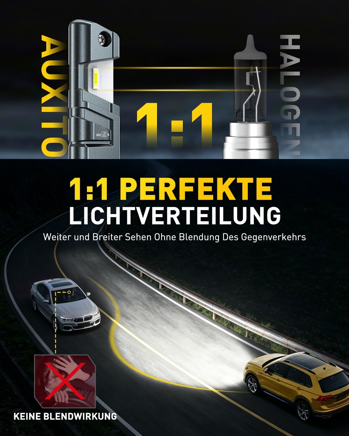 Detalle de Auxito H11 LED Scheinwerferlampe – UNECE-R37 Zulassung, 6000K, 50.000 Stunden, Plug & Play, 2er Set