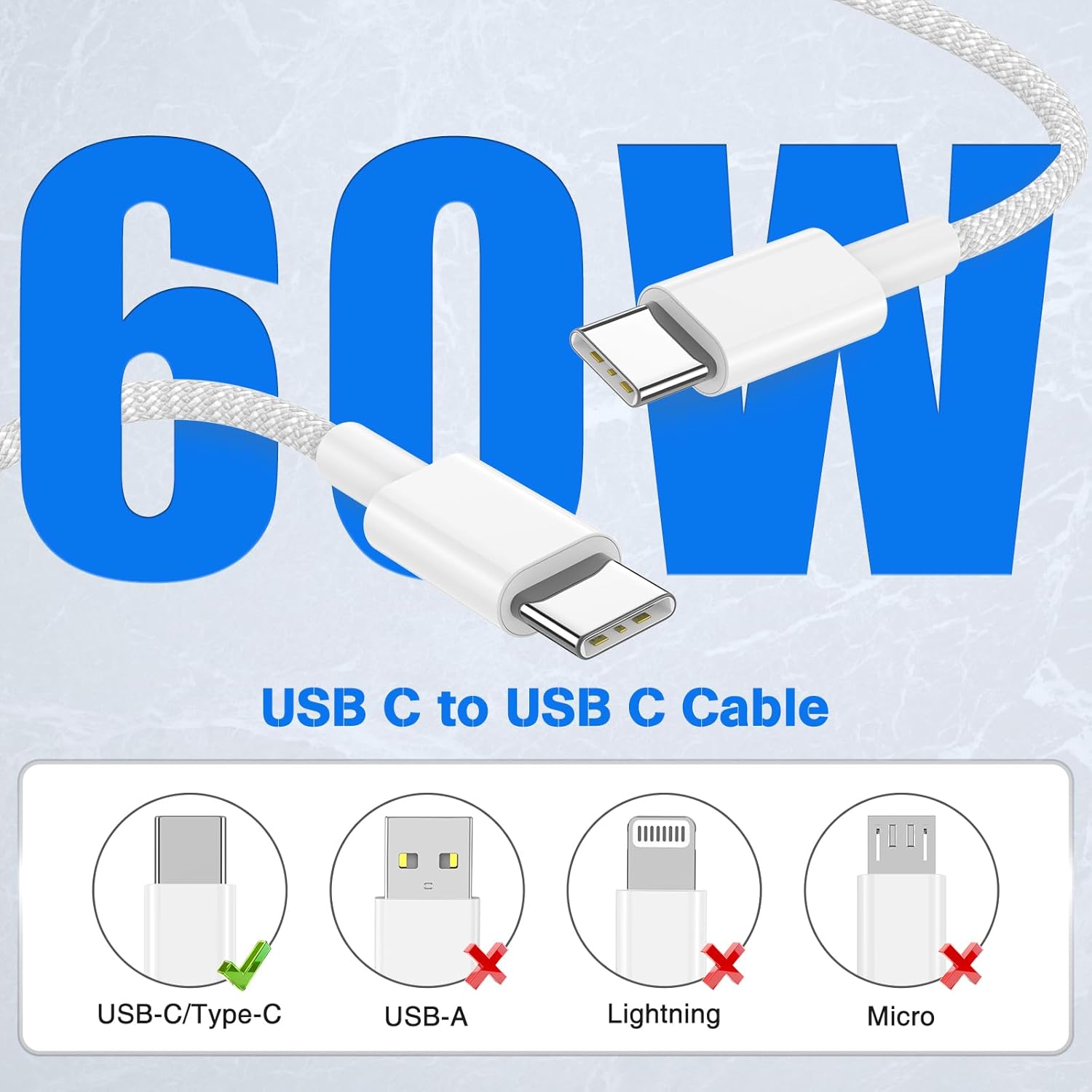 Thumbnail 1 de 3Pack USB-C to USB-C Braided Charging Cable (60W) for iPhone, iPad, MacBook, Samsung & AirPods — 3FT Multi-Color