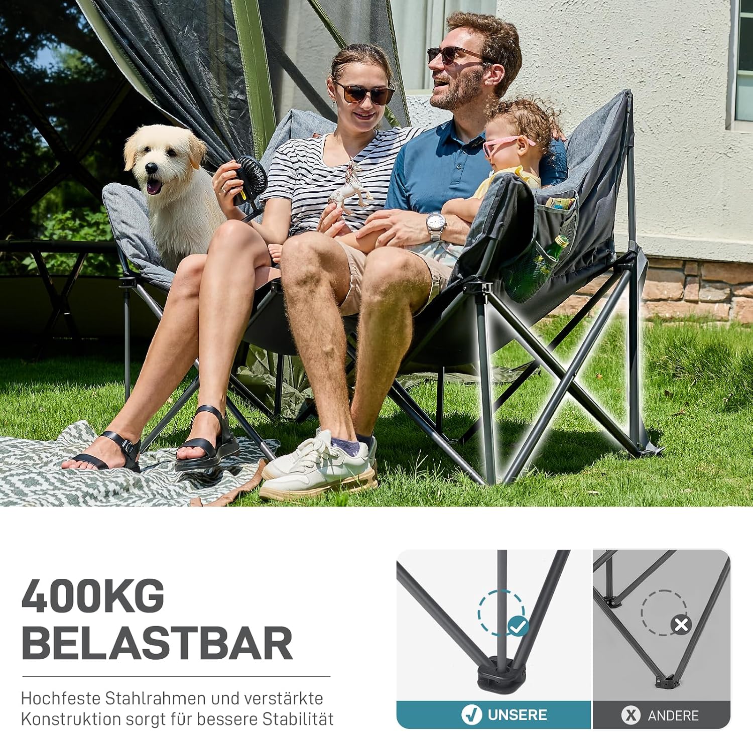 Thumbnail 4 de EVER ADVANCED Campingstuhl faltbar 145 cm breit: 2-Sitzer Campingsofa mit hoher Lehne, bis 400 kg belastbar