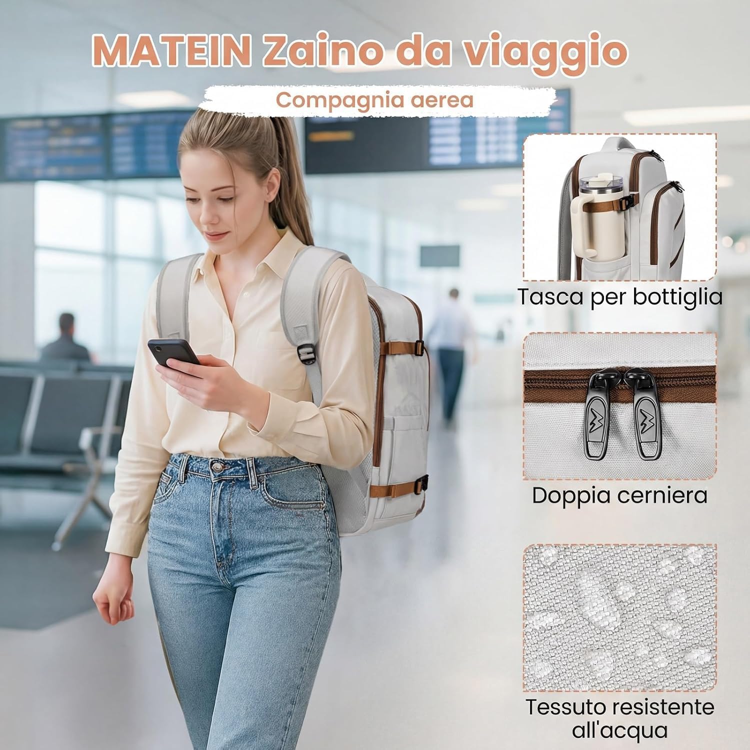 Detalle de Zaino MATEIN 40x30x20 24L per Ryanair: bagaglio a mano cabina impermeabile con scomparto PC fino a 15,6”