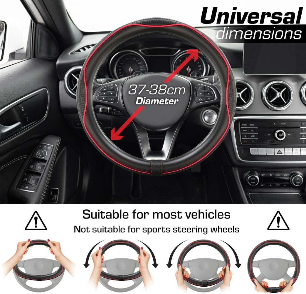 Thumbnail 2 de Upgrade4cars Red & Black Leather Look Steering Wheel Cover – 14.5–15 inch Universal Fit