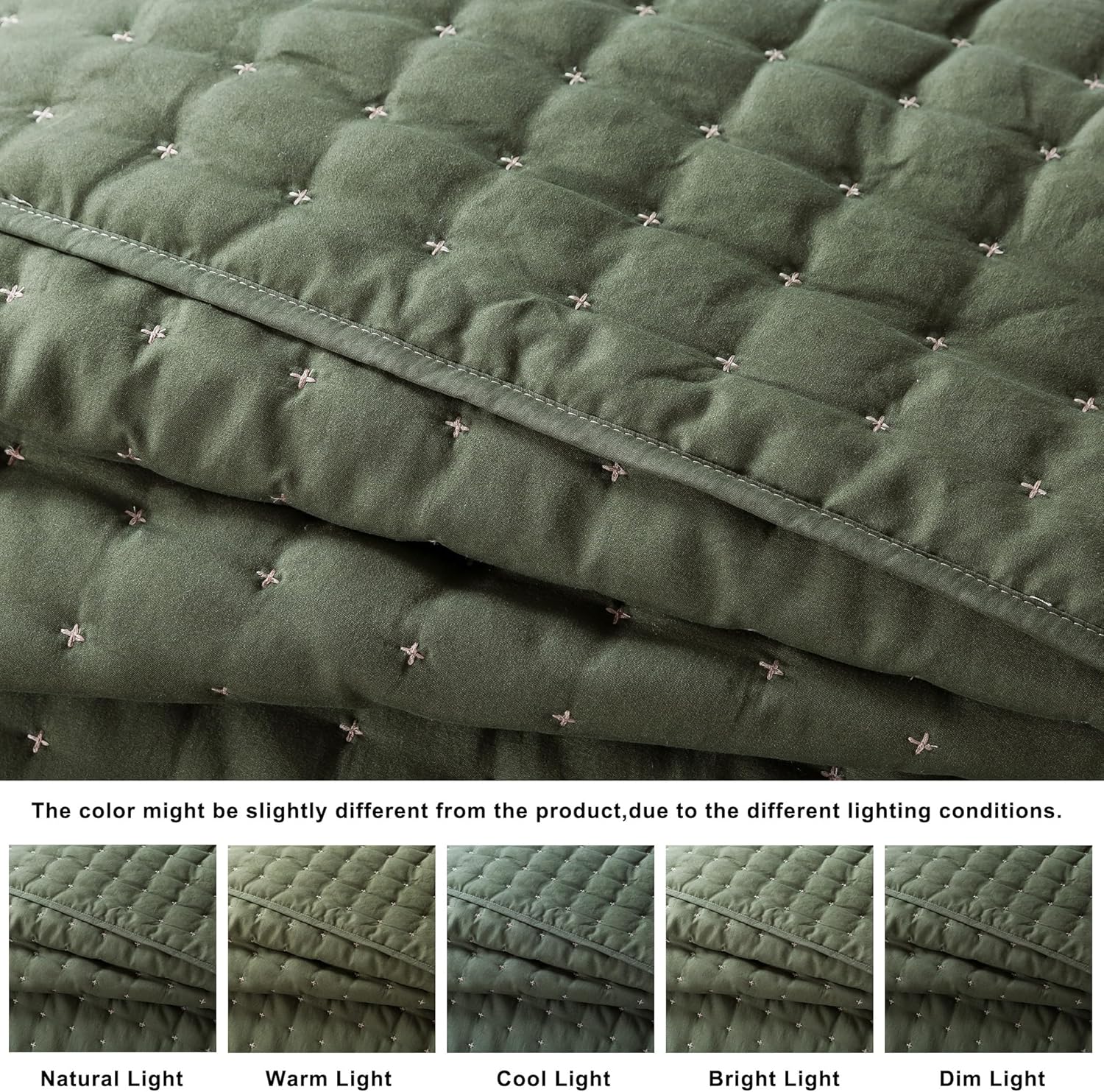 Detalle de WDCOZY Queen Size Quilts Bedding Set (3 Pieces) Moss Green – Lightweight Microfiber Quilt with 2 Pillow Shams