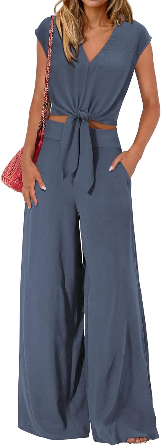 Thumbnail 6 de PrettyGarden Women's Summer 2-Piece Set Cap Sleeve Crop Tops & Wide Leg Pants
