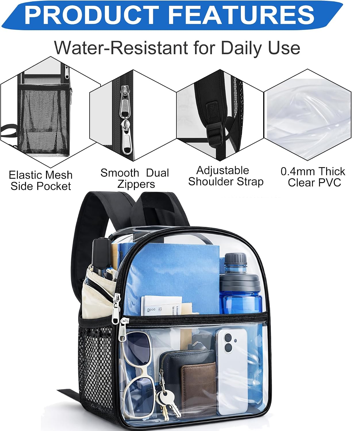 Thumbnail 6 de Oraben Clear Backpack Stadium Approved (12 x 6 x 11 in) — Small Transparent PVC Bag for Events & Travel