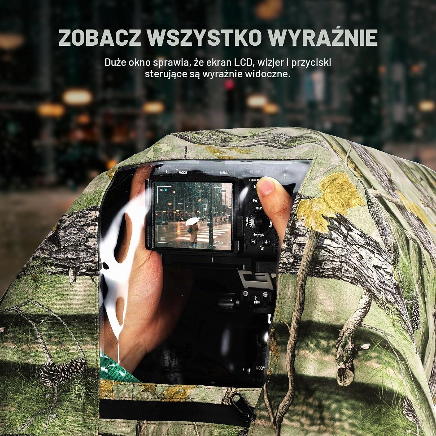 Detalle de NEEWER XL – nylonowy pokrowiec przeciwdeszczowy na aparat, moro