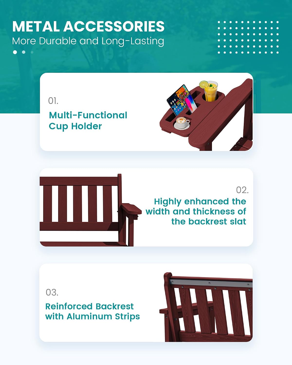 Thumbnail 6 de SERWALL P041-227 HDPE Outdoor Bench, Red, Foldable Cup Holder