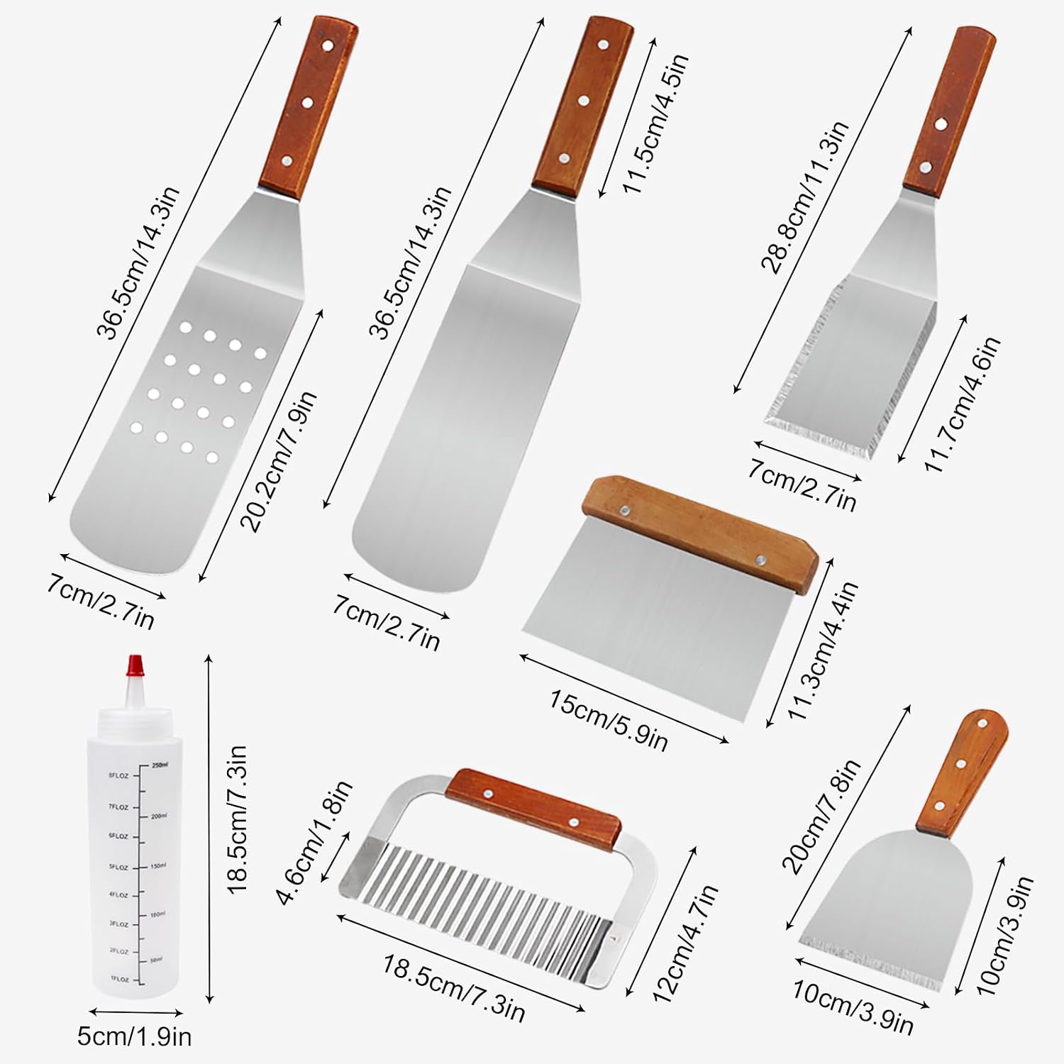 Detalle de MAIKEHIGH lot 9 ustensiles pour plaque Teppanyaki : spatules inox, grattoirs et bouteilles à condiments