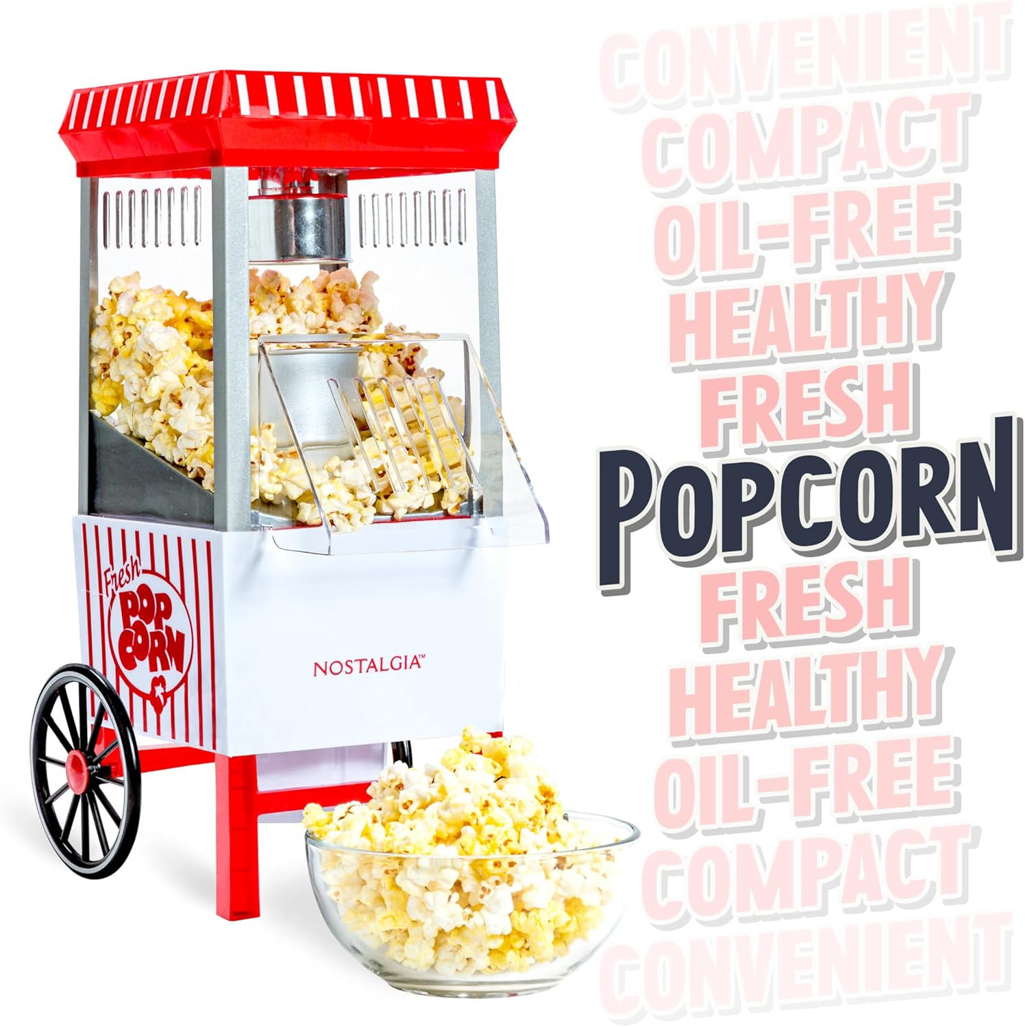 Detalle de Nostalgia Vintage Hot-Air Popcorn Maker: 12-Cup, Oil-Free, White & Red on a Classic Cart