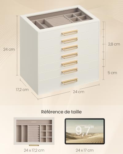 Detalle de SONGMICS Grande Boîte à Bijoux avec 7 Tiroirs et Couvercle en Verre