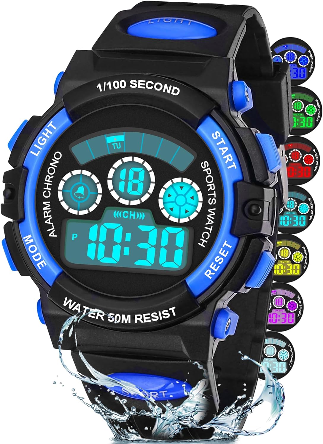 Detalle de DTKID Montre Digitale pour Enfants et Ado — 7 couleurs LED, 5ATM, Chronomètre et Alarme