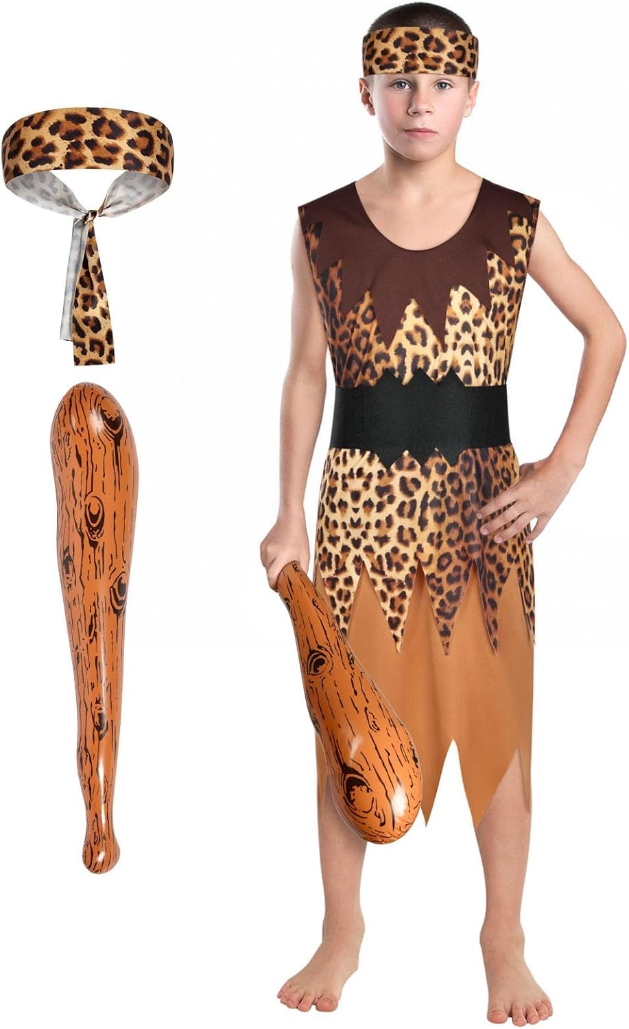 Detalle de AYBUY Costume da Cavernicolo per Bambini – Tunica leopardata con cintura e accessori