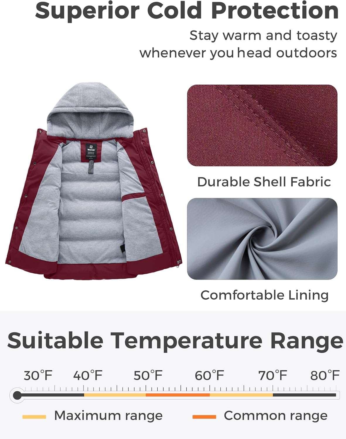 Detalle de Wantdo WT3520 Women’s Quilted Puffer Vest, Removable Hood, 3000 mm Waterproof Rating