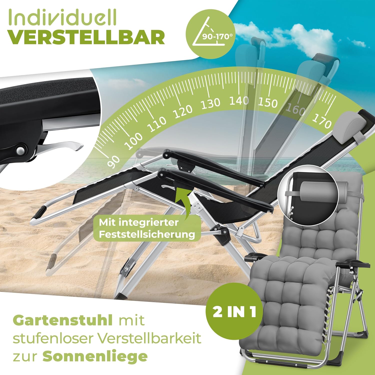Thumbnail 5 de KESSER Sonnenliege Liegestuhl Klappbar & Wetterfest – XXL Liegefläche, 200 kg Belastbarkeit, Zero-Gravity-Erlebnis