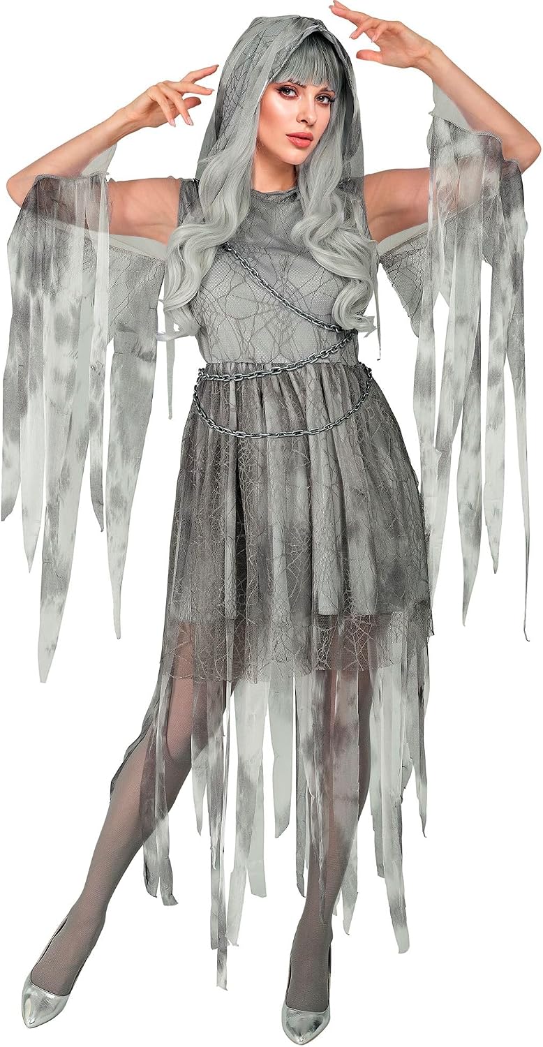 Detalle de W WIDMANN MILANO Ghostly Spirit Kostüm für Damen – Grau, Kapuze mit Kette, Größe XL