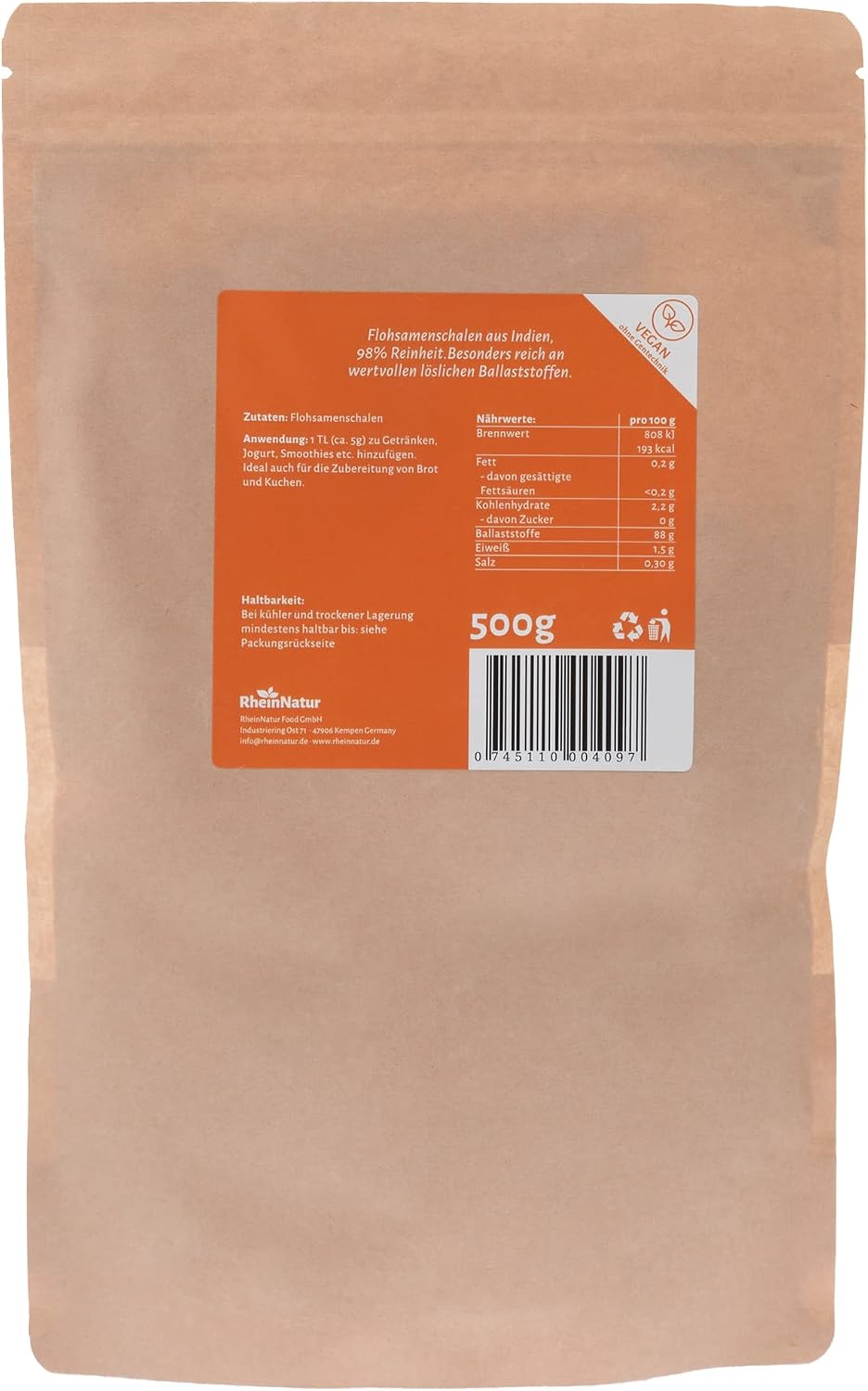 Detalle de RheinNatur biologisch psylliumschalenpoeder 500 g, fijn gemalen en 99% zuiver