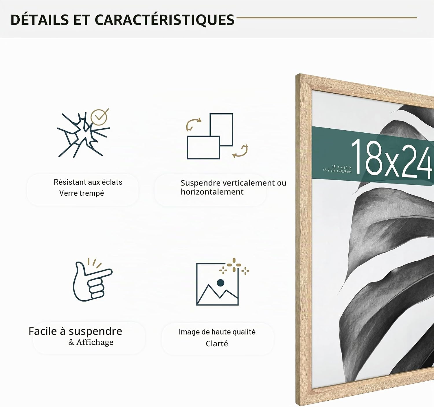 Detalle de MCS Cadre Poster Studio Gallery 45,7 x 61 cm – Cadre bois naturel MDF, fixation murale horizontale ou verticale