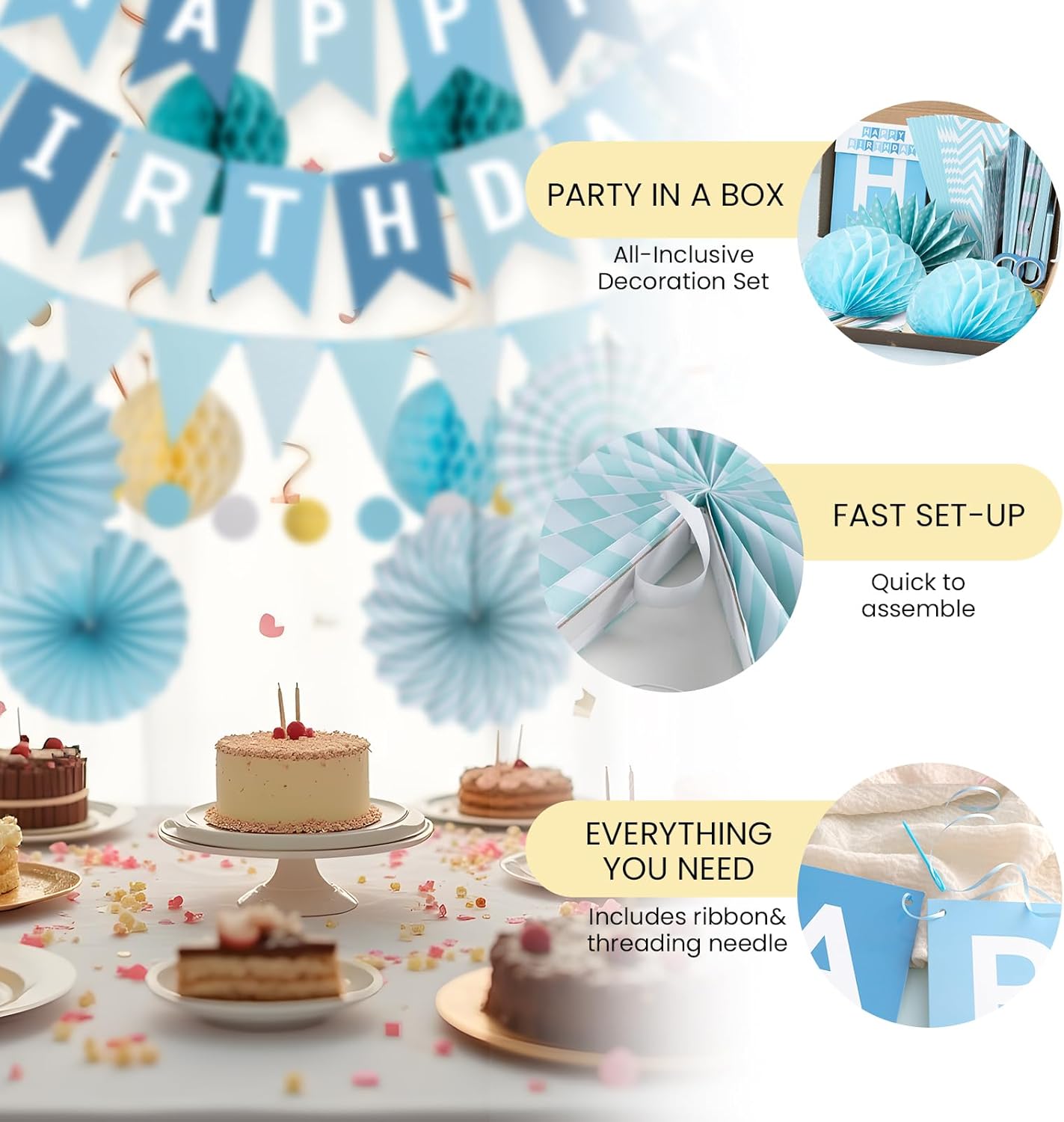 Thumbnail 3 de Meowoo Blue Birthday Decoration Set with Happy Birthday Garland, Bunting & Honeycomb Flowers