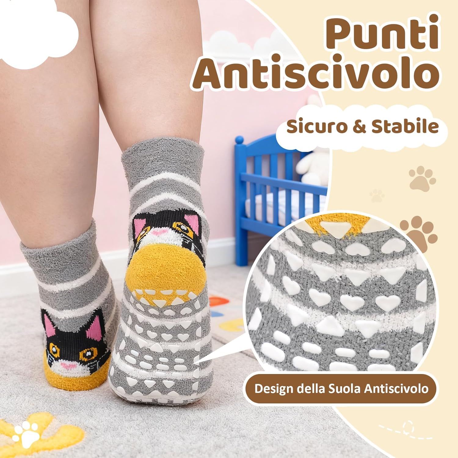 Thumbnail 3 de LOFIR Calzini Invernali Antiscivolo per Bambini — 5 Paia di Pile Doppio lato, con Animali e Righe