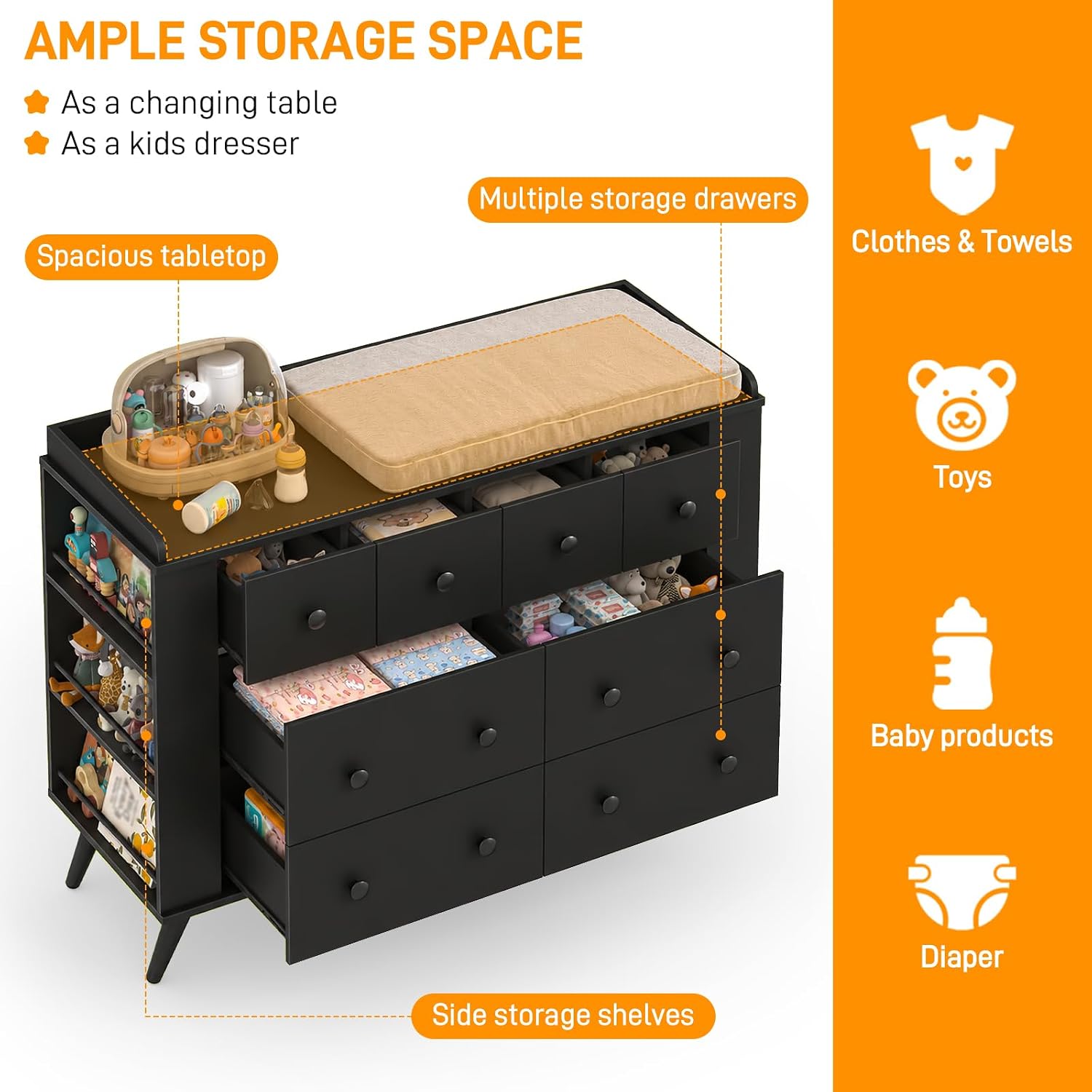 Detalle de Vabches Baby Dresser, Black Kids' Dresser with Raised-Edge Top and Storage