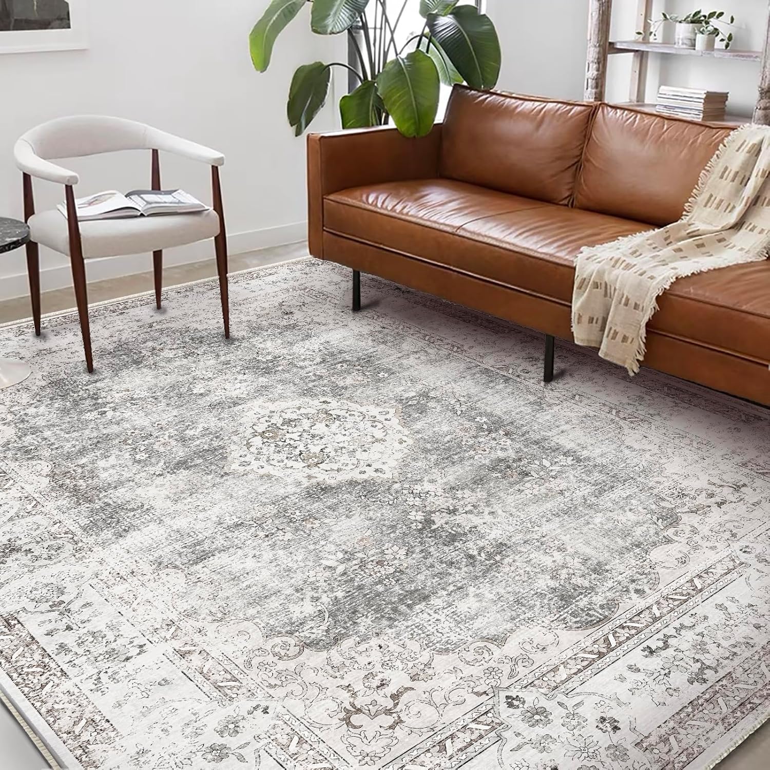 Thumbnail 1 de CHAMPLANT 9'x12' Washable Area Rug – Retro Boho Floral, Non-Slip, Ultra-Thin for High-Traffic Spaces