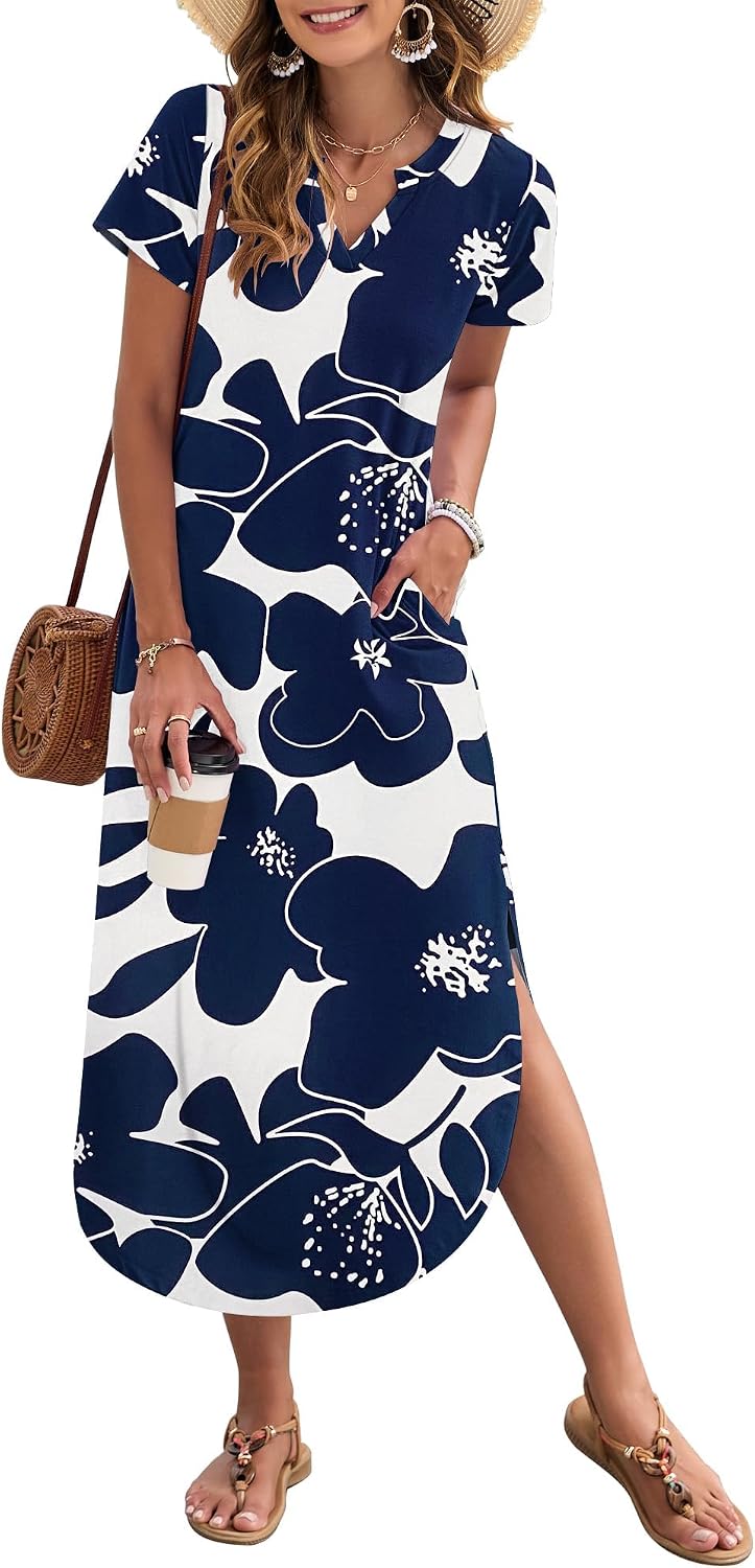 Detalle de MISFAY Women's Summer Maxi Dress with V-Neck, Short Sleeves and Pockets