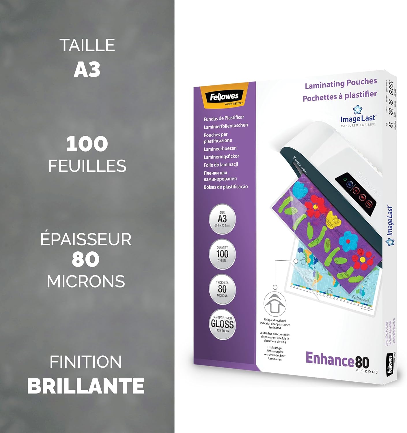 Thumbnail 1 de Fellowes Pochette de Plastification 80 microns – format A3, pack de 100 feuilles, finition brillante