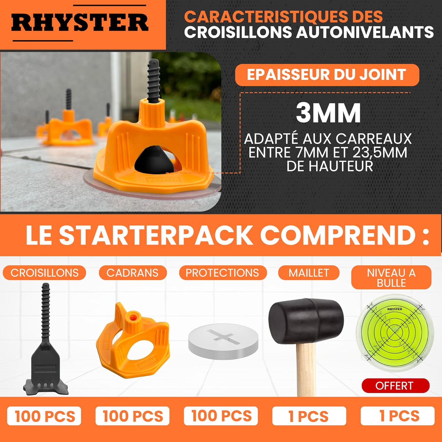 Detalle de RHYSTER Kit Croisillons Autonivelants 3 mm – Starter Pack (302 unités) pour Pose Carrelage