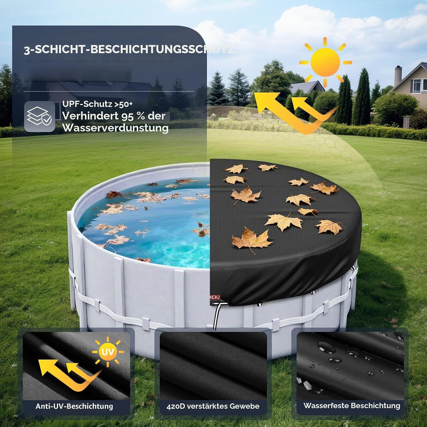 Thumbnail 5 de LXKCKJ Runde Poolabdeckung für oberirdische Pools – 3,1 m, winddicht, wasserdicht, UV-Schutz