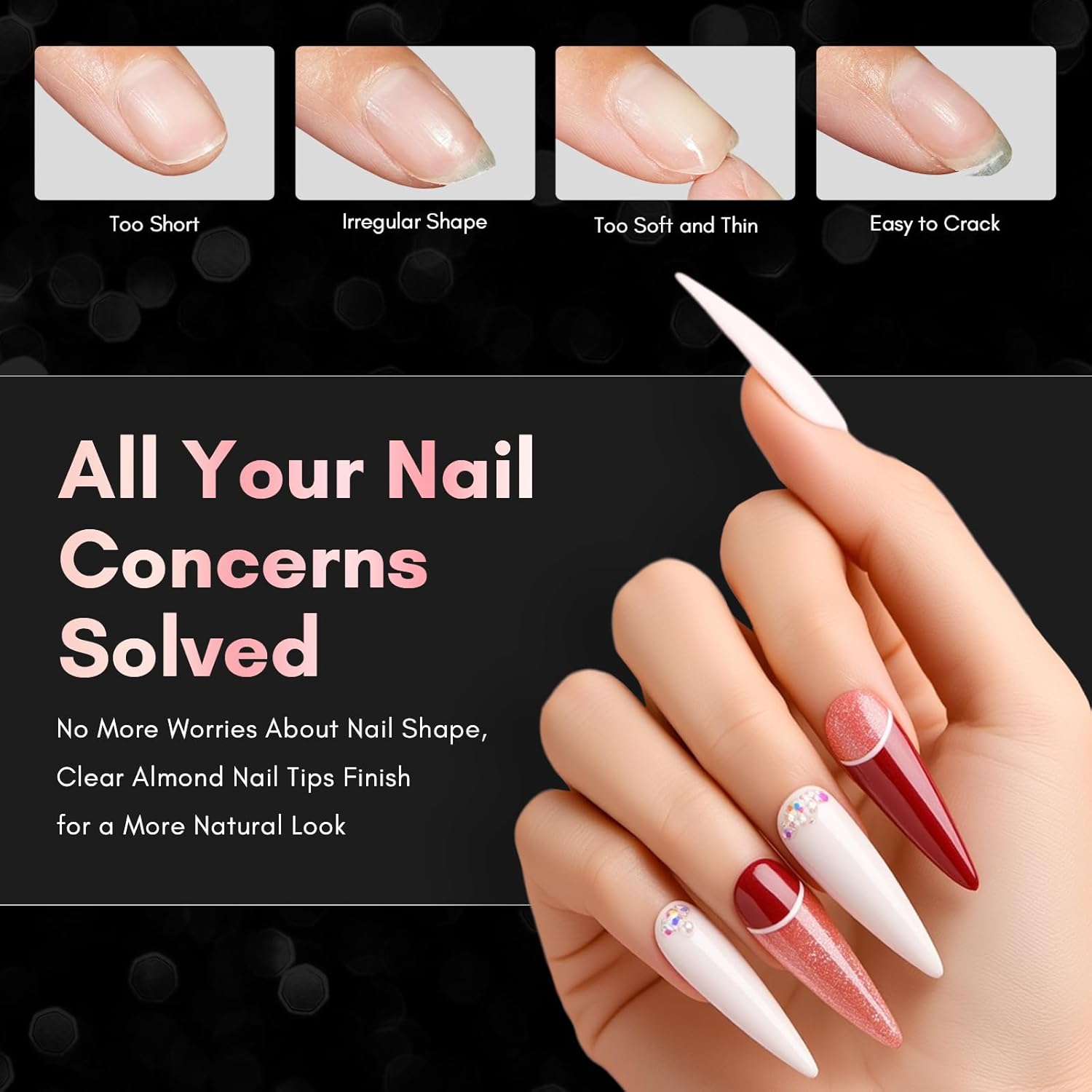 Detalle 2 de Makartt Nail Tips für Gelnägel – 500 Stück Long Stiletto, Full Cover, 10 Größen, Transparent & Bruchsicher