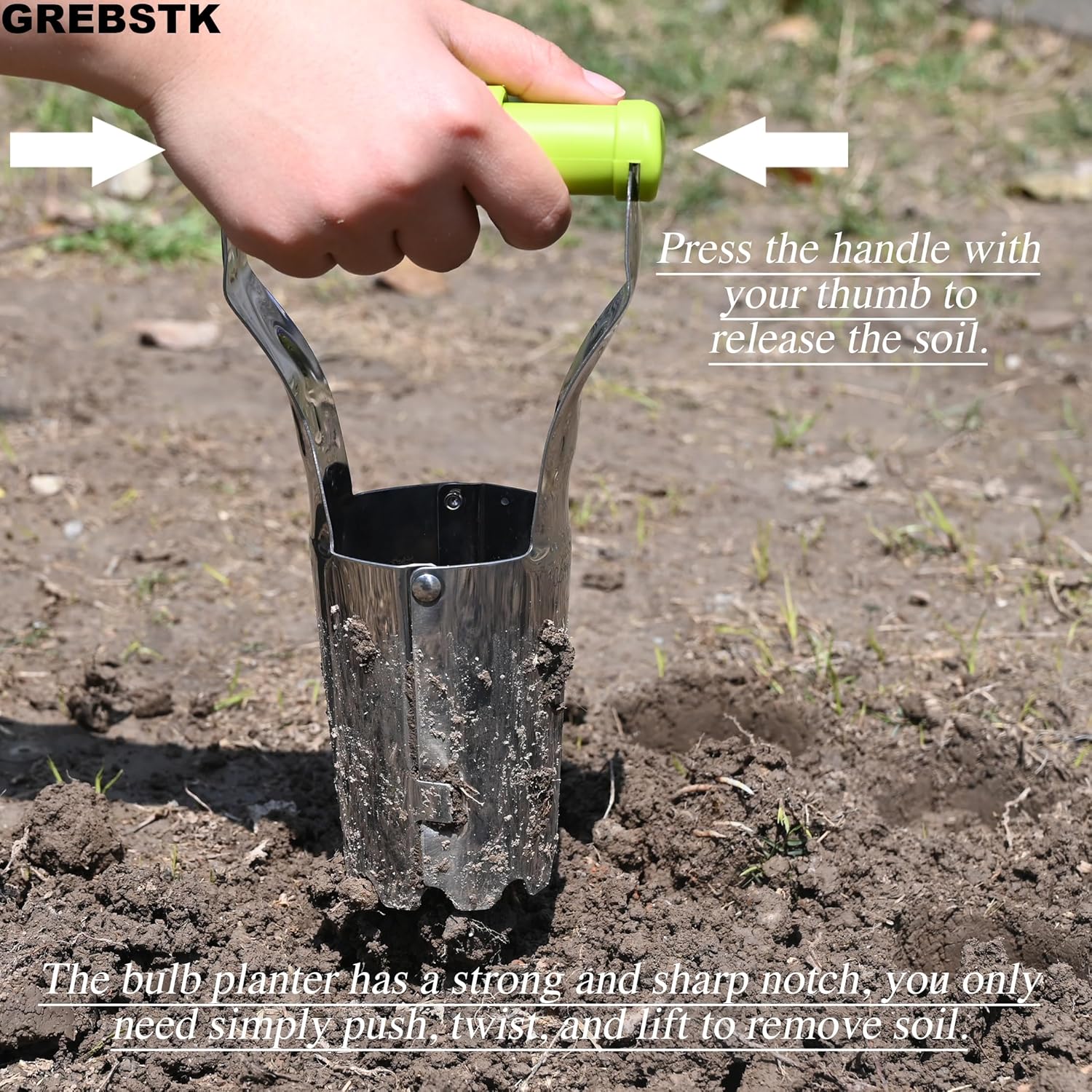 Detalle 2 de GREBSTK Gartenzwiebel-Pflanzwerkzeug aus Edelstahl mit Tiefenmarkierung