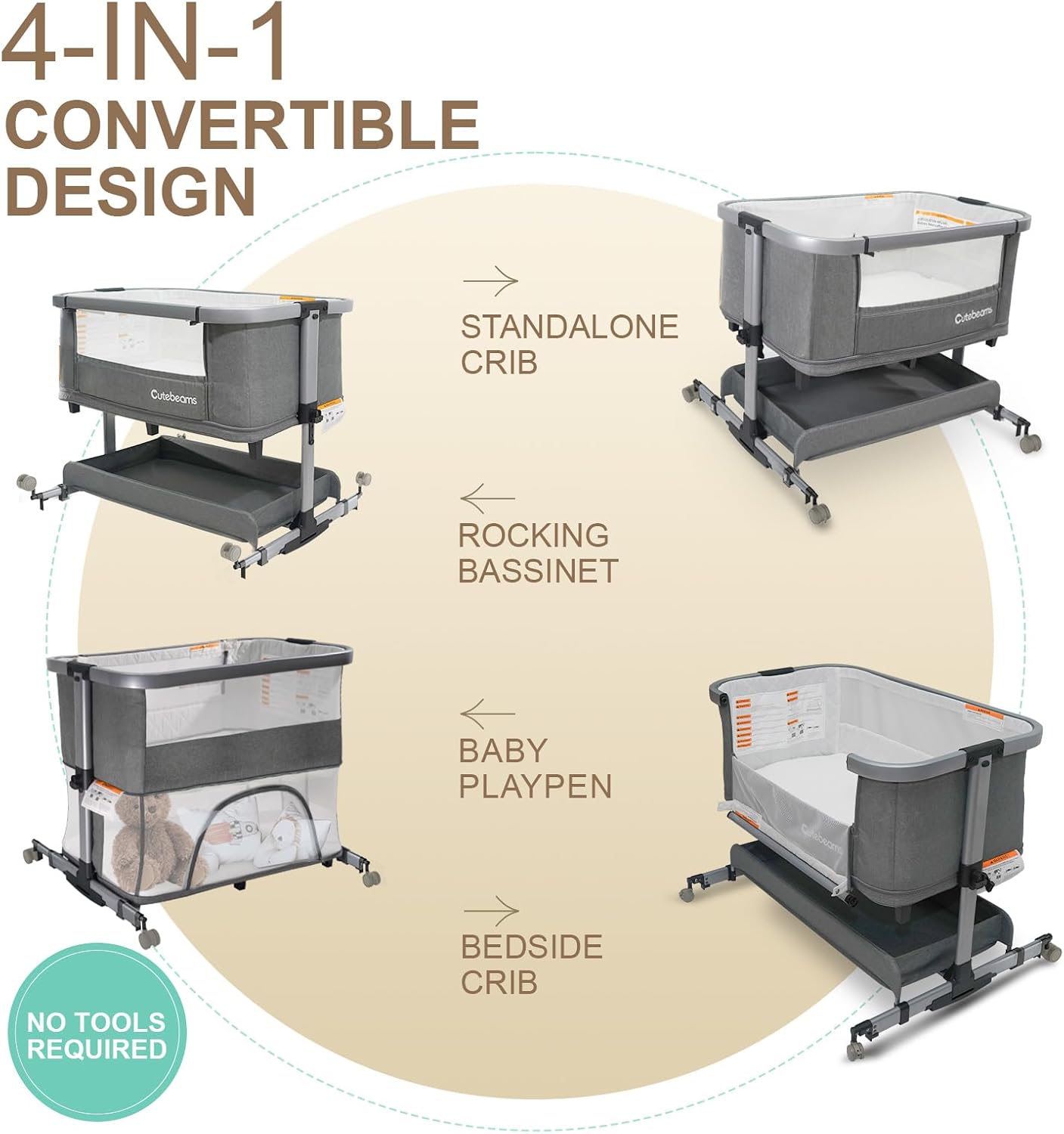 Detalle 2 de cutebeams HB608-1 4-in-1 Baby Bassinet with Playpen, Adjustable Height and Rocking