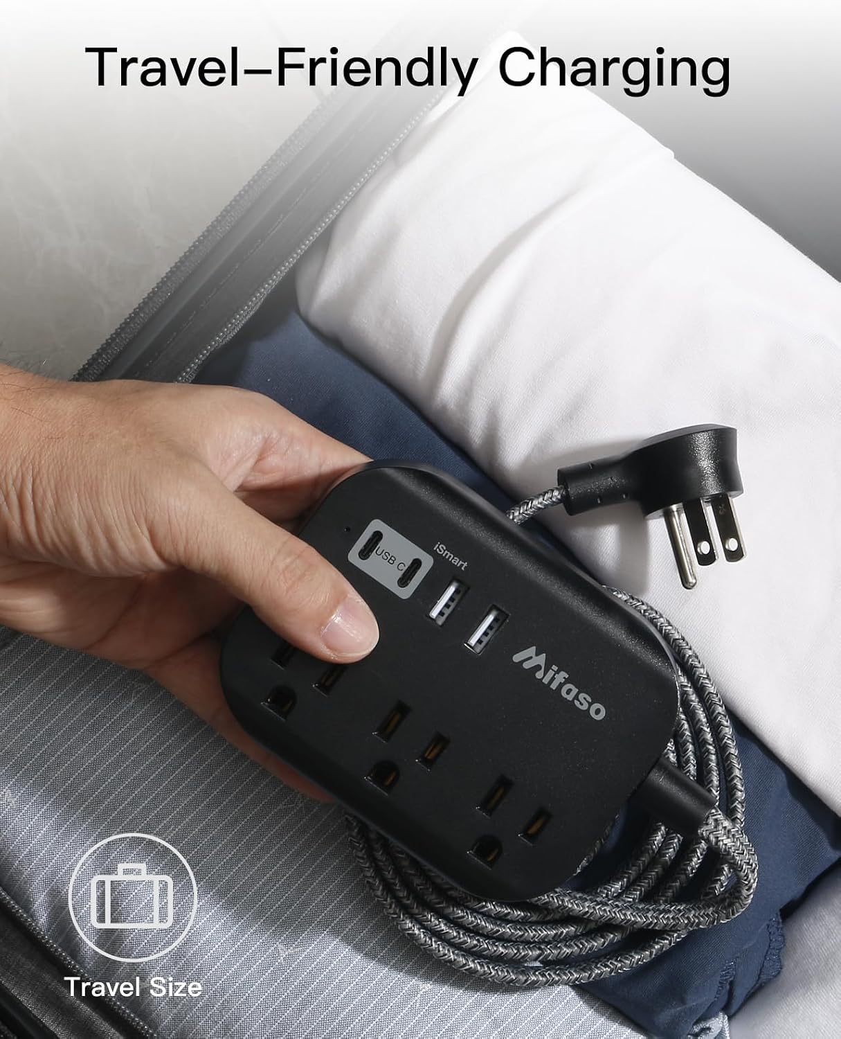 Detalle de Travel Essentials: Mifaso Power Strip with USB, 5ft Flat Plug Extension (3 Outlets, 4 USB Ports) — Non-Surge, Cruis Ship & Dorm Ready