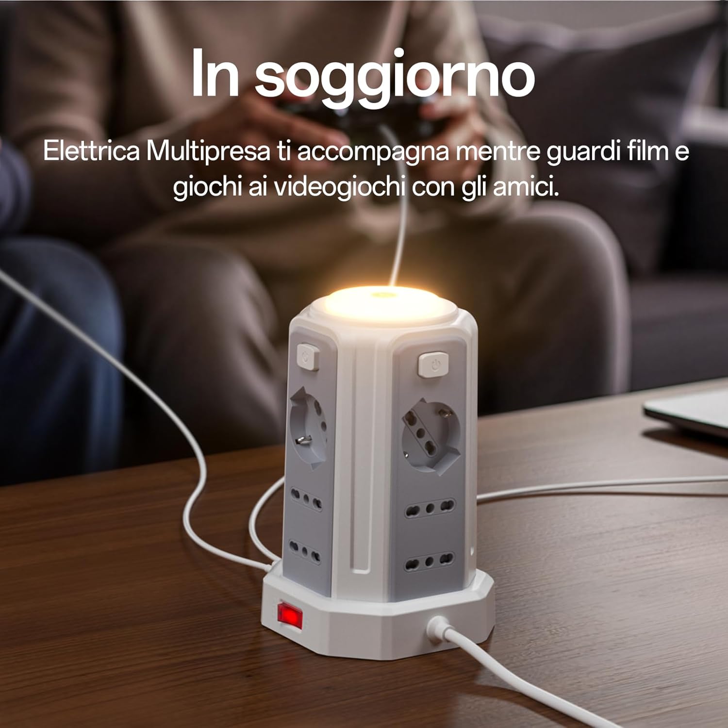 Thumbnail 6 de Ciabatta elettrica KEMELO verticale con luce notturna, 12 prese e 4 USB (3 USB-A + 1 USB-C) e 4 interruttori indipendenti, 2 m