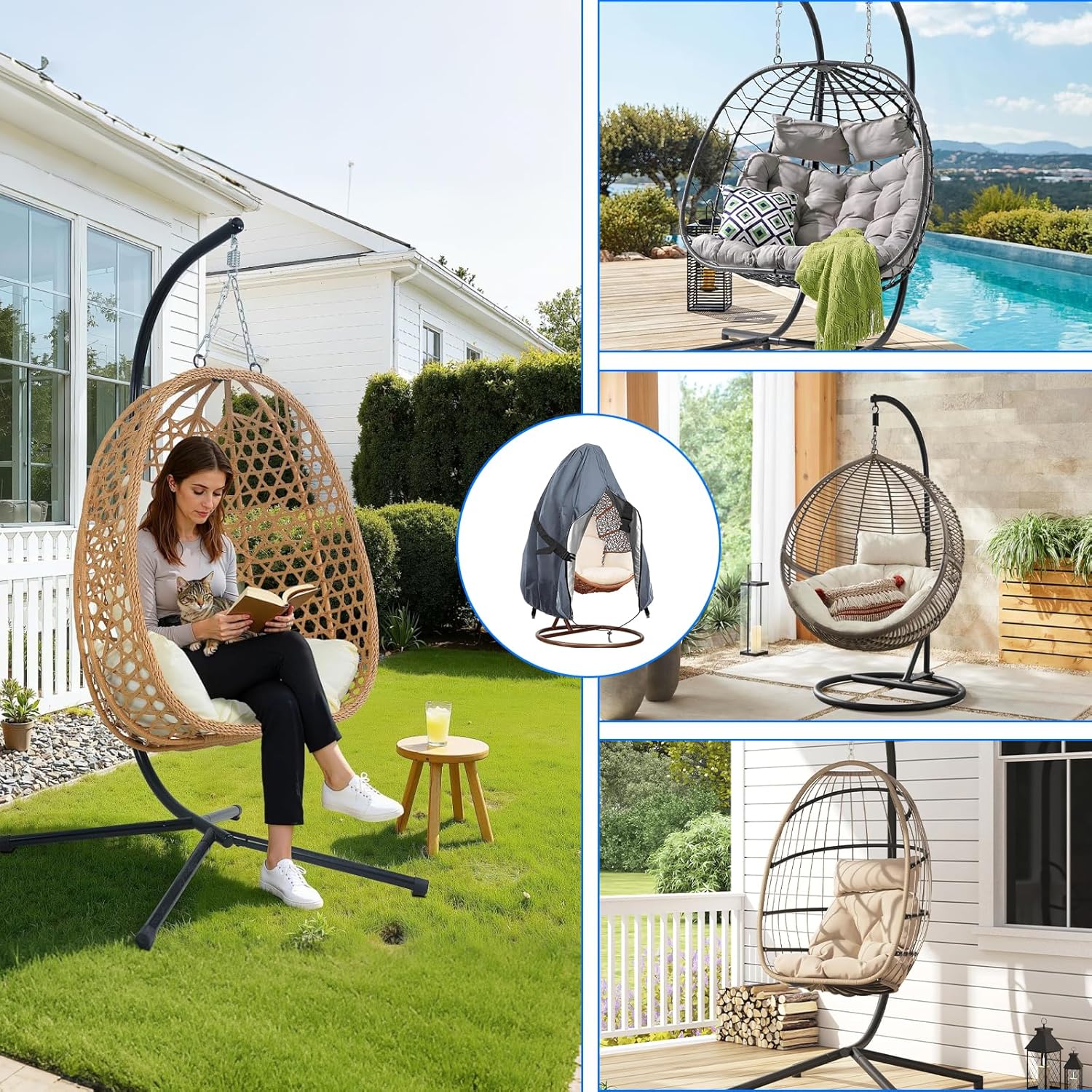 Thumbnail 6 de Emwel 230x200cm Hanging Chair Cover with Zipper — Heavy Duty Egg Swing Cocoon Chair Cover (Grey)