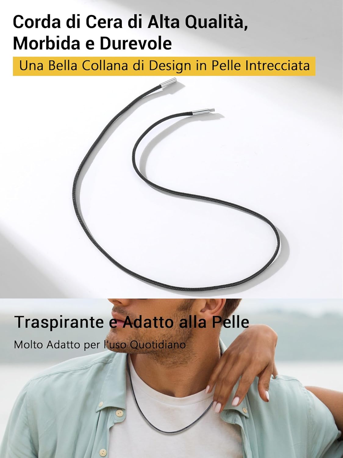 Thumbnail 3 de PROSTEEL collana da uomo in pelle nera intrecciata 2mm con chiusura in acciaio inox (lunghezze 41–76 cm)