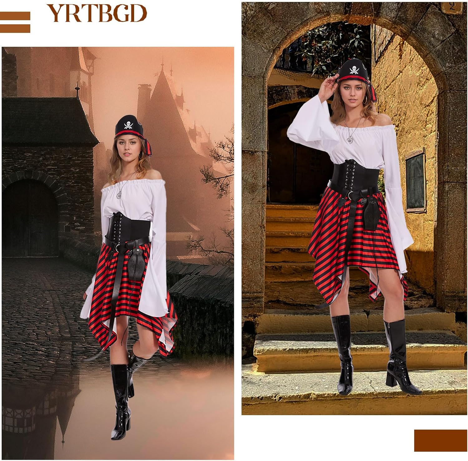 Thumbnail 6 de YRTBGD 5 Pcs Pirate Costume Women – dameskostuum met vintage blouse, korset en heuptas