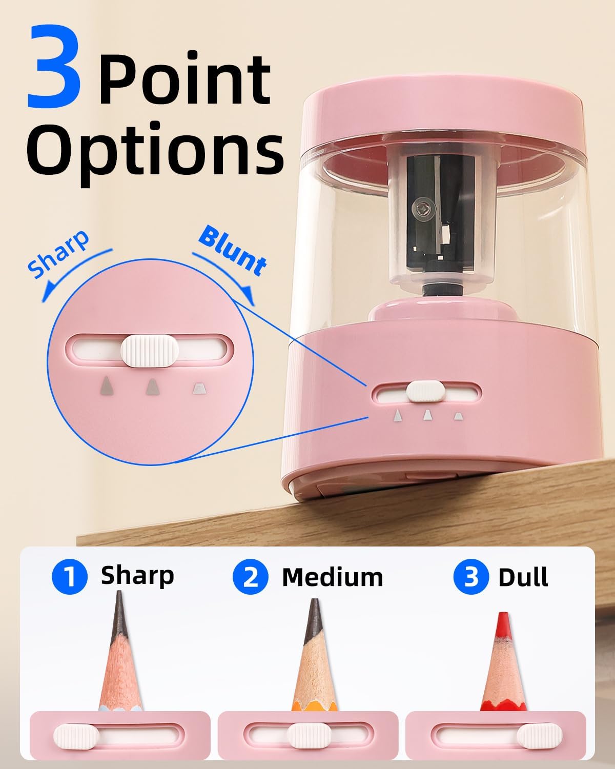 Thumbnail 1 de ZMOL Electric Pencil Sharpener for Colored Pencils (Pink) – Auto Stop, 6–8mm No.2, Battery or USB-powered
