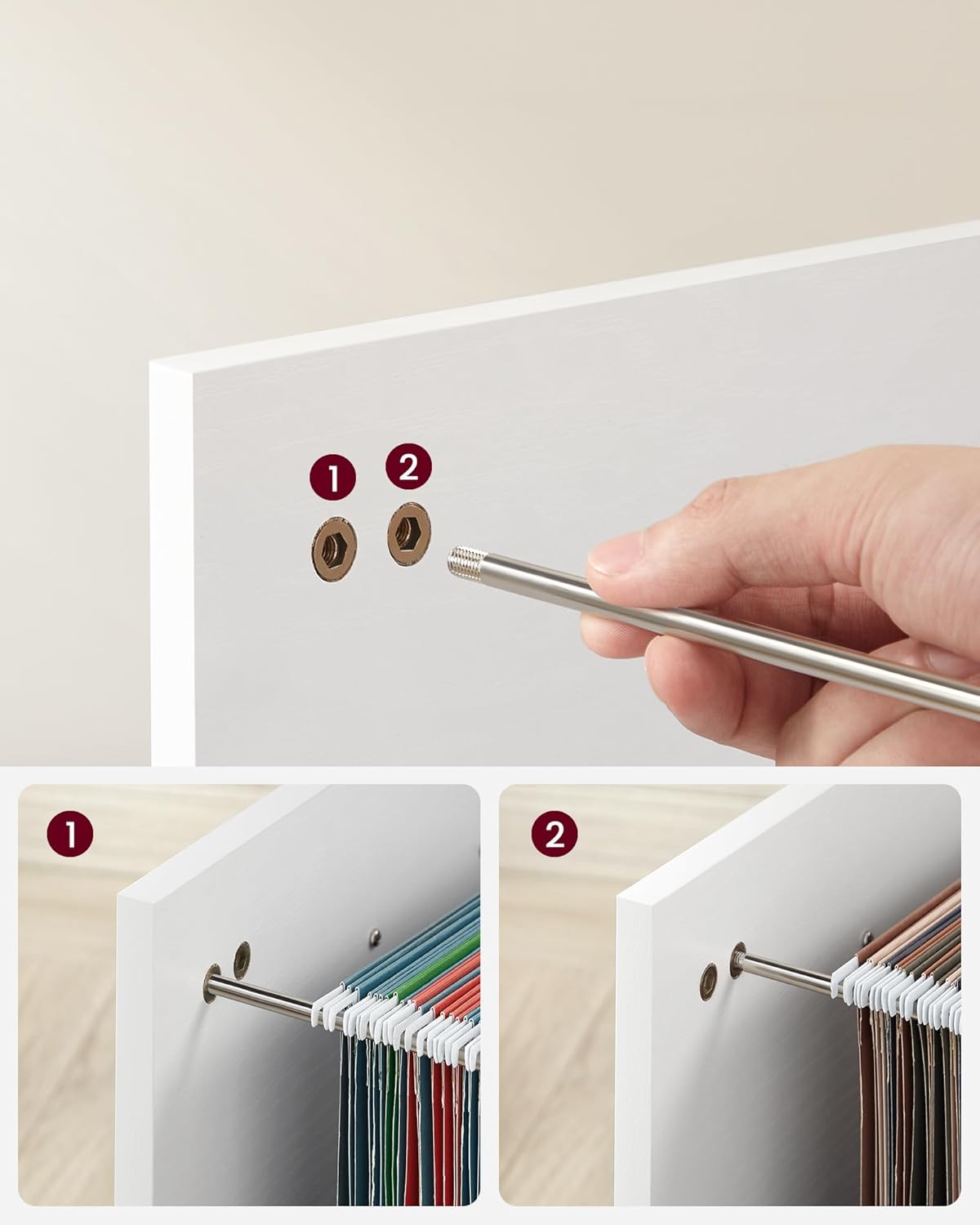Detalle de VASAGLE Rollcontainer OFC041W46 – Aktenschrank mit 3 Schubladen, Druckerständer, Rollen, weiß mit Holzmaserung