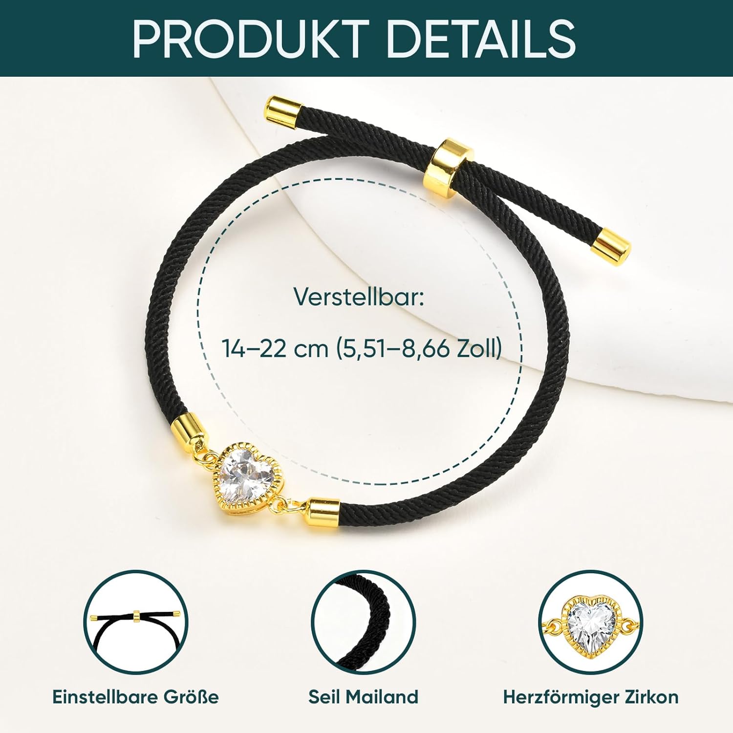 Thumbnail 3 de Gamtic Herz Armband Damen Freundschaftsarmband mit CZ-Herz & verstellbarem Knoten (14–22 cm)