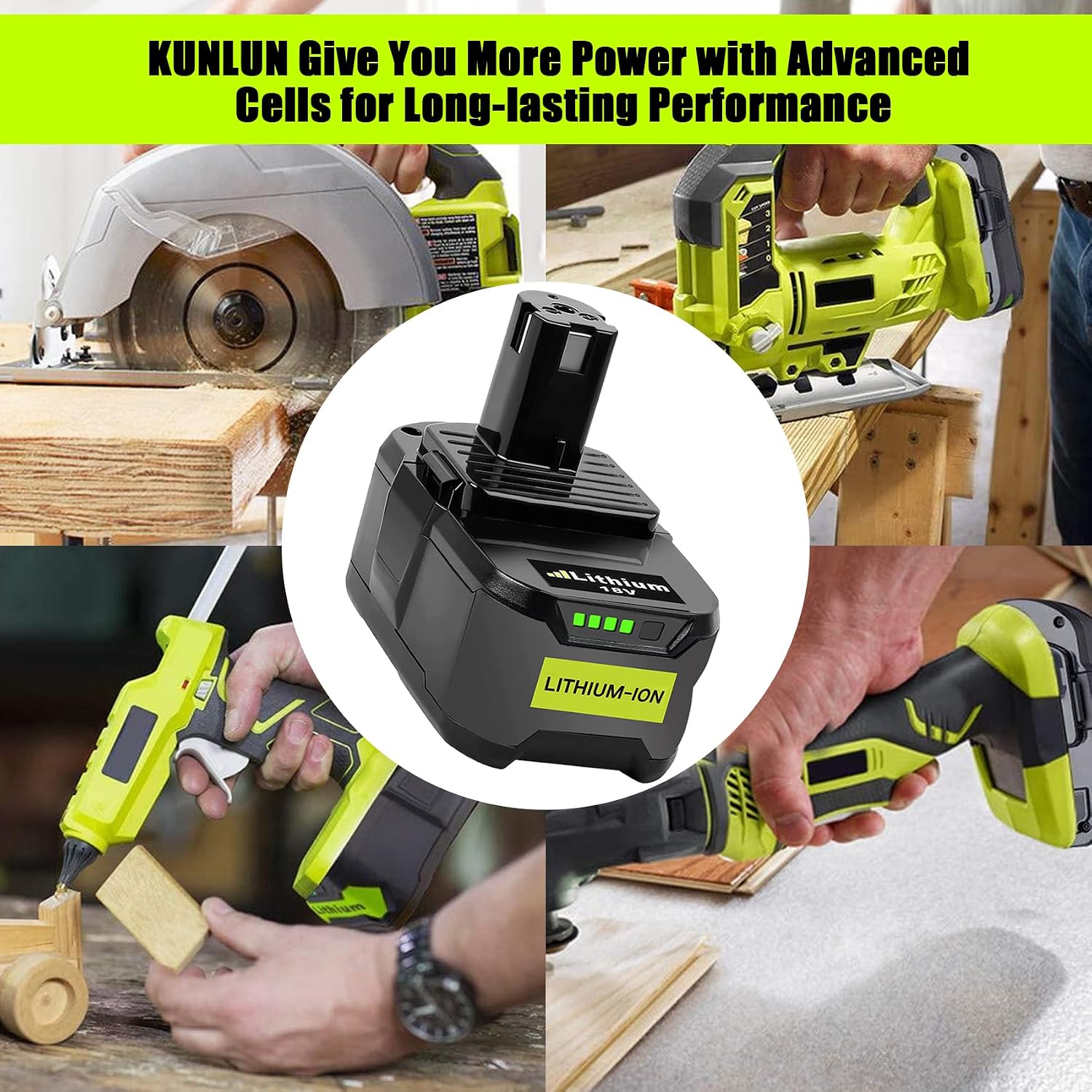 Detalle 1 de KUNLUN 18 V 5,5 Ah Li-ion-ersättningsbatterier för Ryobi ONE+, 2-pack