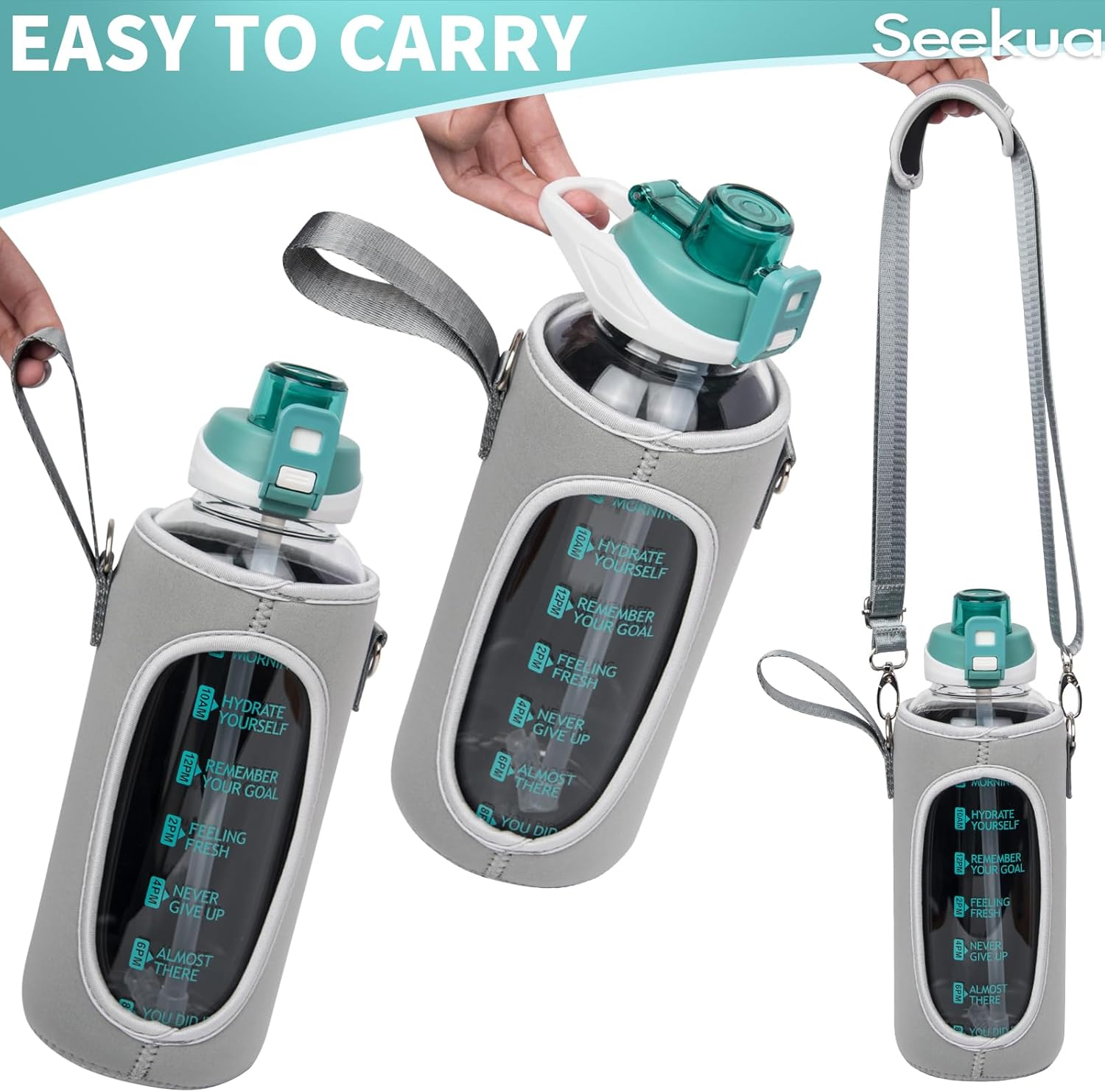 Thumbnail 5 de Seekua 2 Litre Large Glass Water Bottle with Straw & Time Markings – BPA Free & Leakproof