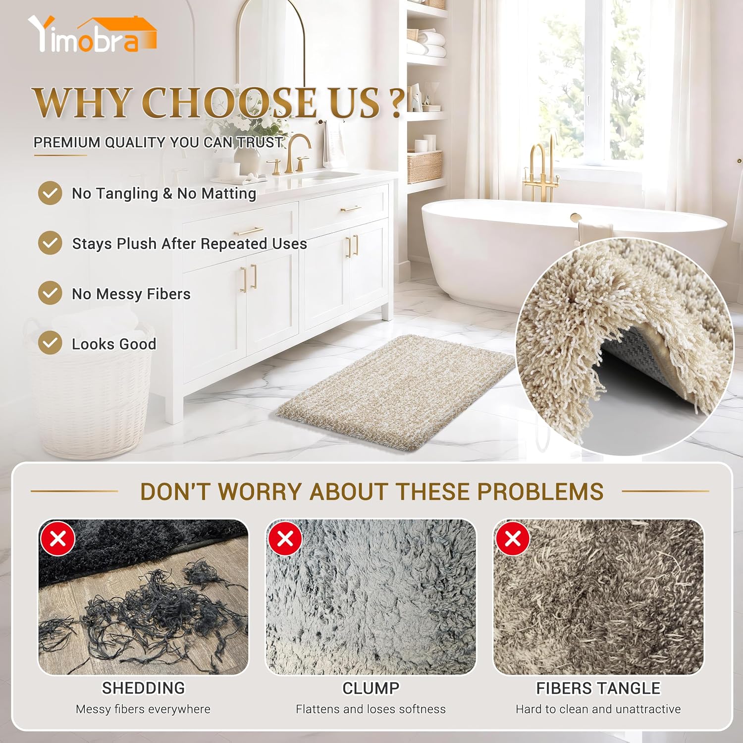 Detalle de Yimobra 36x24 Plush Bathroom Rugs Non-Slip Washable Bath Mat (Light Beige and White)