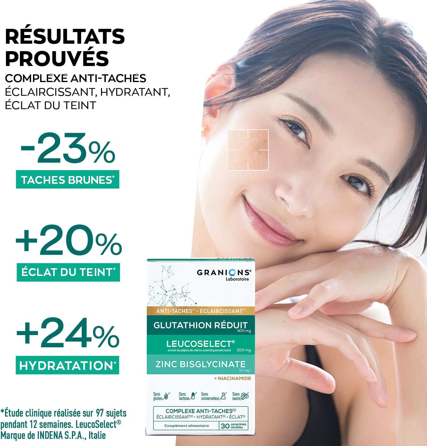 Detalle de GRANIONS - Complexe Anti-Tache Visage : Glutathion, Vitamine C, Zinc bisglycinate, Selenium et Niacinamide
