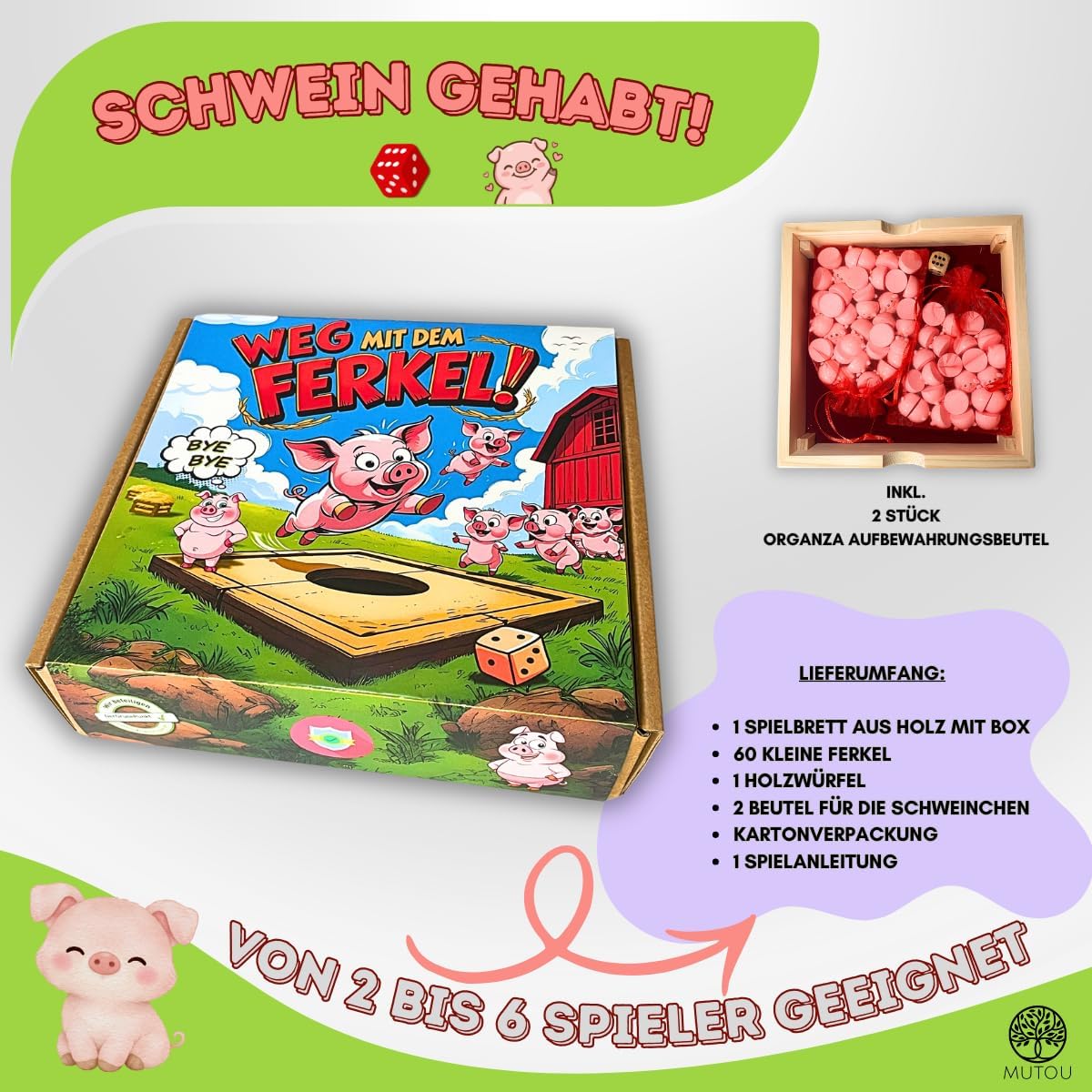 Detalle de Mutou Weg mit dem Ferkel! – Das saulustige Big Hole Würfelspiel aus Holz, 60 Schweinchen, 2–6 Spieler