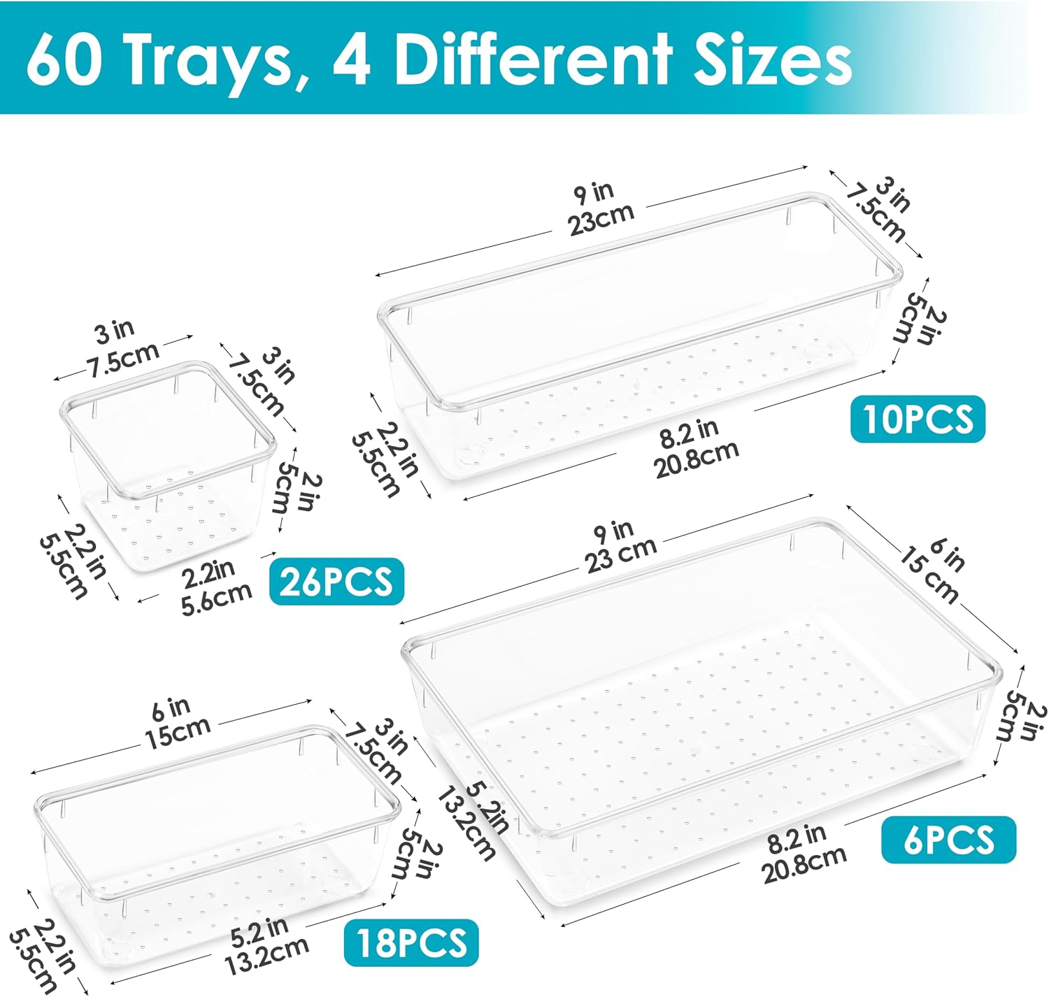 Detalle de Vtopmart SVM04007 60-Piece Clear Drawer Organizers, 4 Sizes with Non-Slip Pads