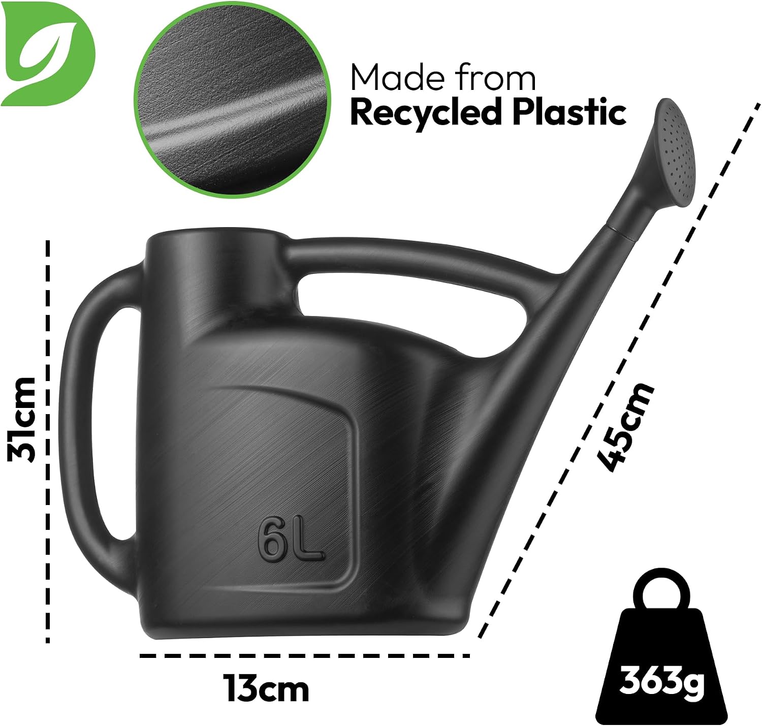 Detalle de Hardys 6L Black Rose Watering Can — Indoor & Outdoor, Detachable Sprinkler Head, Long Spout