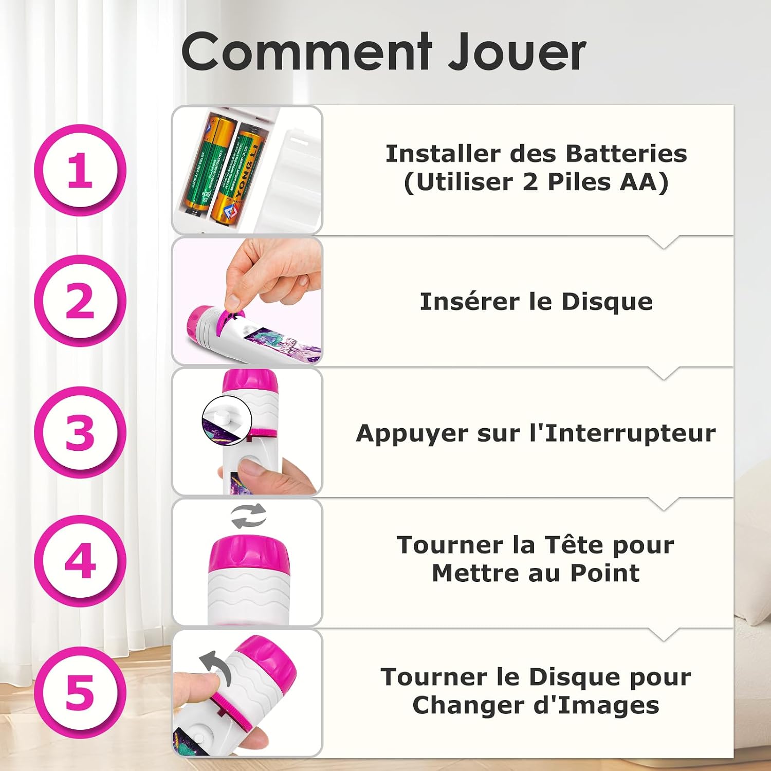 Detalle de Pup Go Lampe torche projecteur licorne pour enfant dès 3 ans – veilleuse à images et 3 disques (24 images)